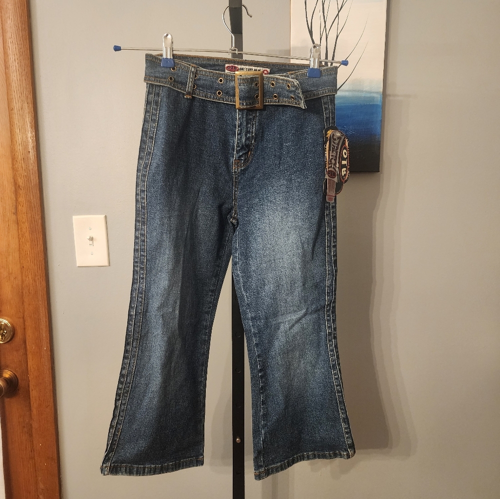 OTB One Tuff Babe Girl's 14 Jeans Flared Leg Medium Wash Blue Zipper Fly Belted